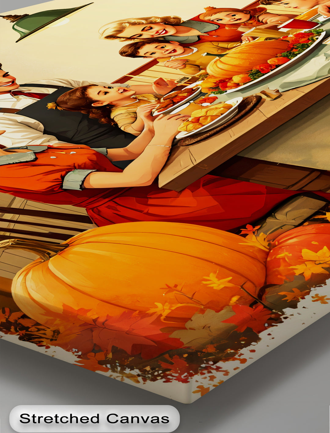 Autumn Gathering – Retro Thanksgiving Dinner Canvas Wall Art | Large Canvas