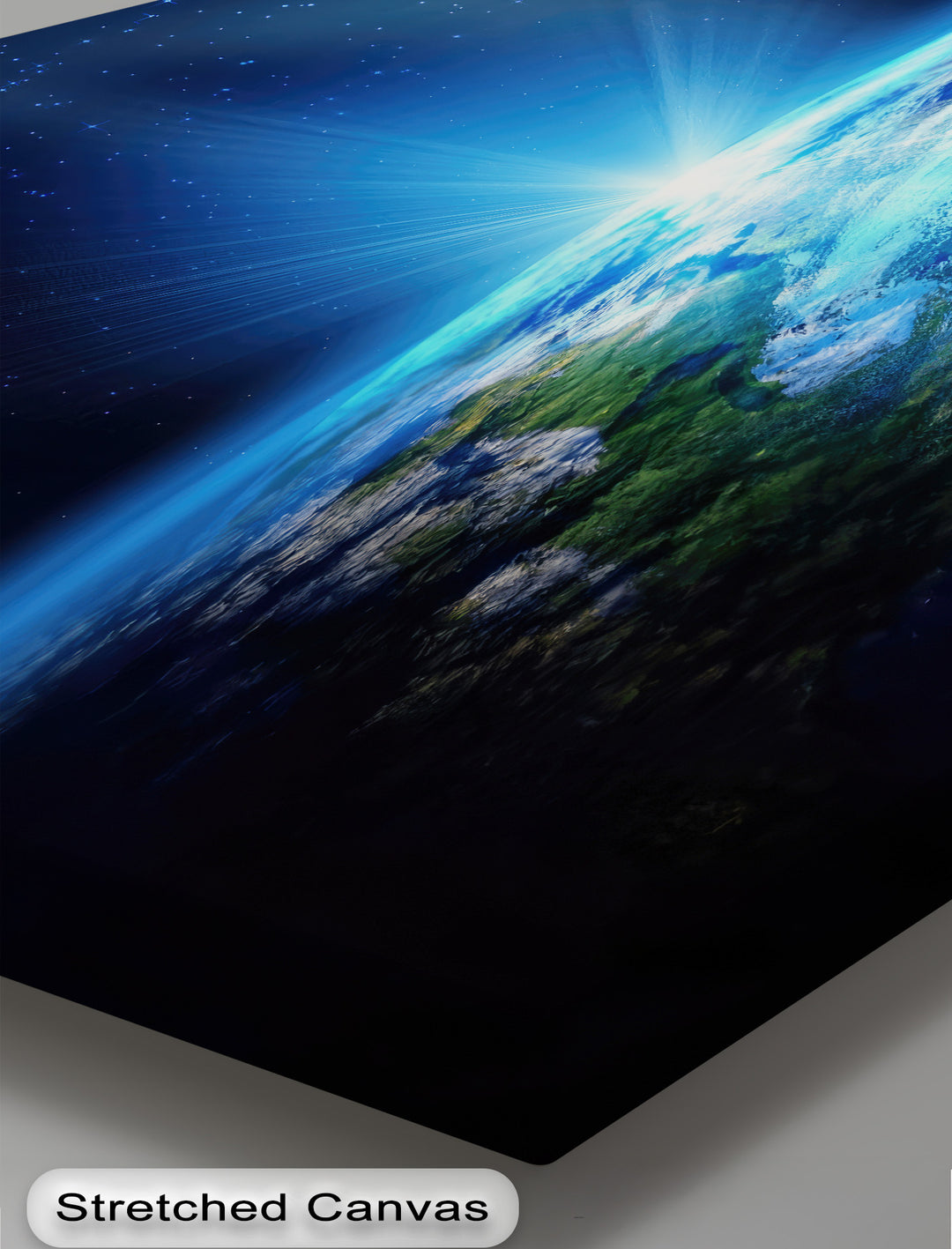 An abstract, vibrant glow captures Earth from space, rendering a stunning cosmic blue planet wall art among celestial canvas pictures.