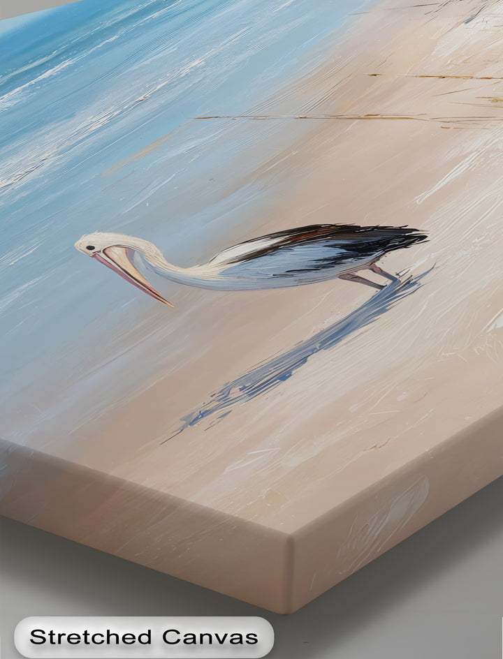 Brushstrokes define the organic forms of a pelican in this coastal scene, making it ideal as one of many big canvas prints.