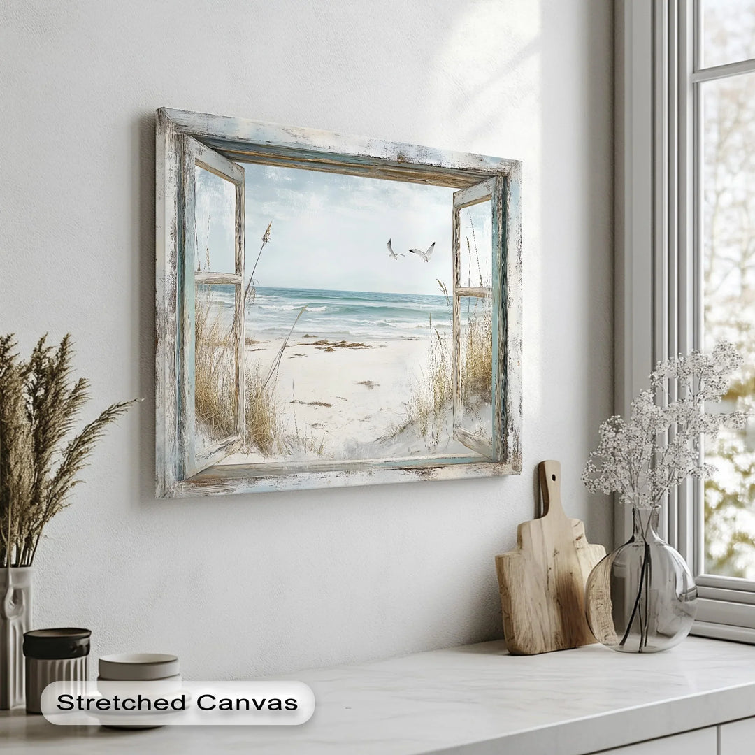 Seaside Escape Through Rustic Window – Kitchen Canvas Art - MyPhotoStation