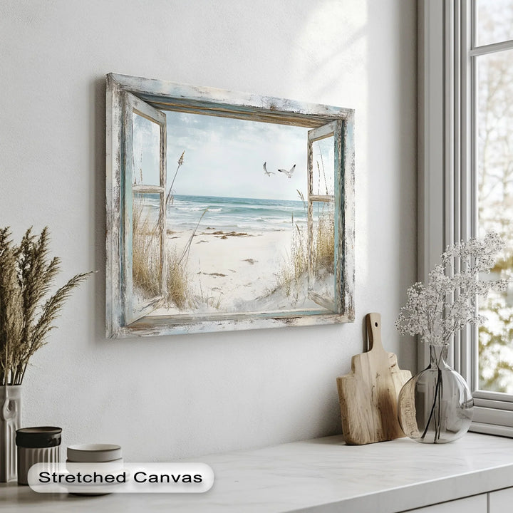 Seaside Escape Through Rustic Window – Kitchen Canvas Art - MyPhotoStation