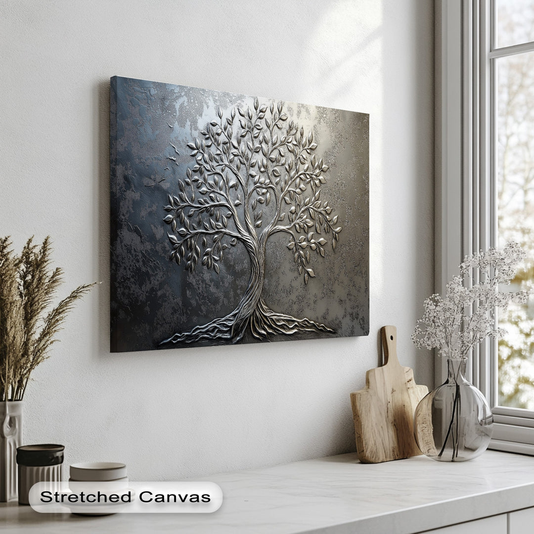 The layering effect shows the silver tree's intricate design raised from its textured dark background, making it a best canvas prints.