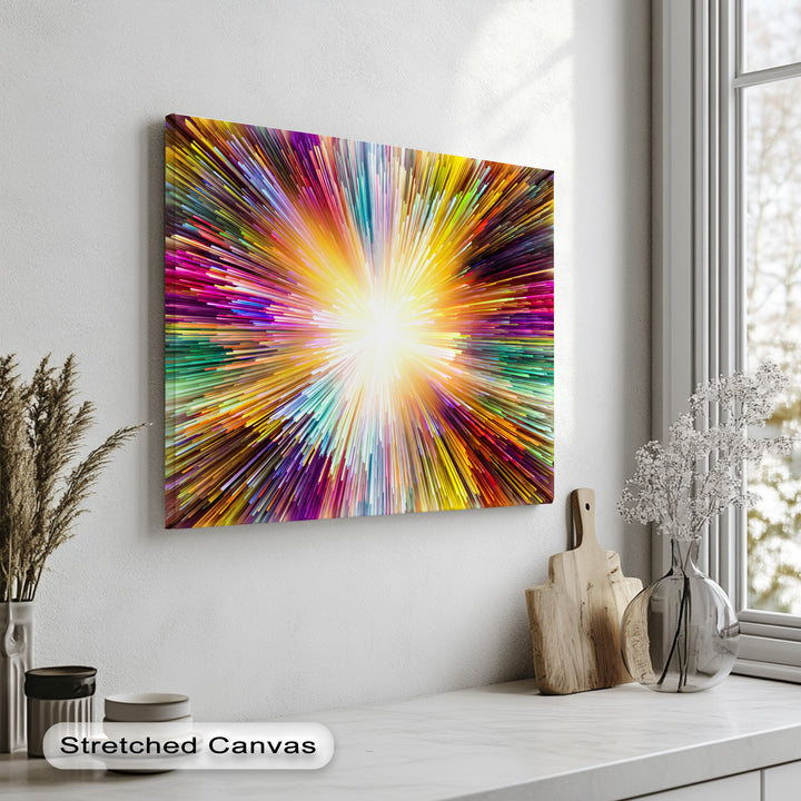 The darkest areas showcase deep purples and blues on this vibrant light burst abstract canvas pictures, adding depth to the colorful energy wall art.