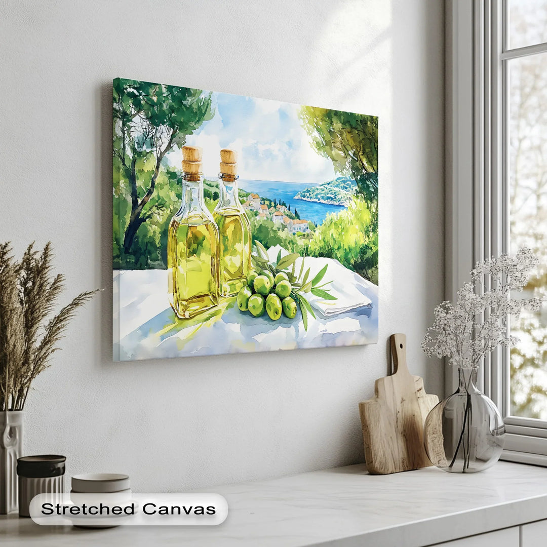 Mediterranean Harvest – Olive Oil Bottles Kitchen Canvas Print - MyPhotoStation