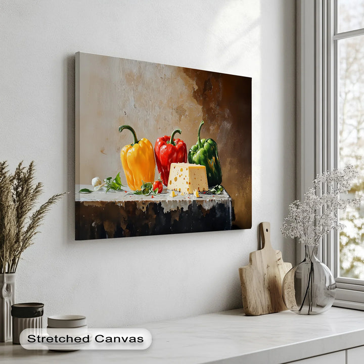 Colorful Bell Peppers & Cheese – Rustic Kitchen Canvas Print - MyPhotoStation