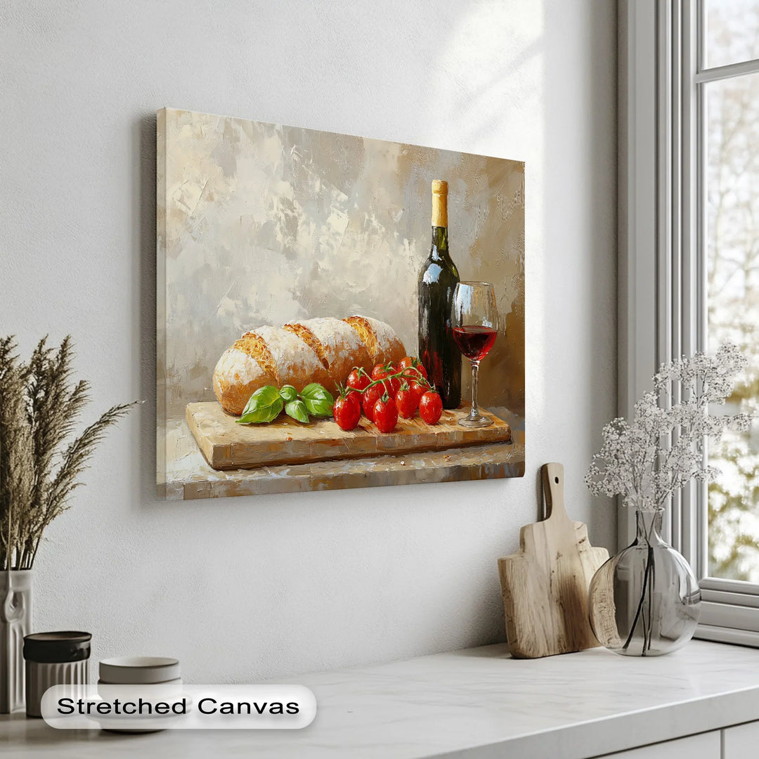Italian Kitchen Still Life – Wine, Bread & Tomato Kitchen Canvas Art - MyPhotoStation