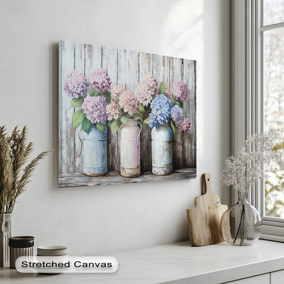 Rustic Hydrangeas in Vintage Milk Cans – Kitchen Canvas Prints - MyPhotoStation
