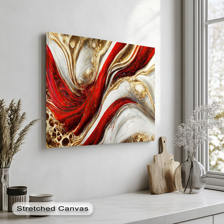 Organic forms of red and gold fluidly intertwine with white marble in this luxury abstract canvas artwork.