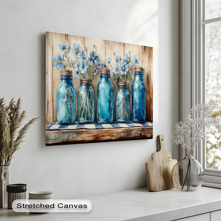 Vintage Blue Mason Jars with Wildflowers – Farmhouse Kitchen Canvas Art - MyPhotoStation