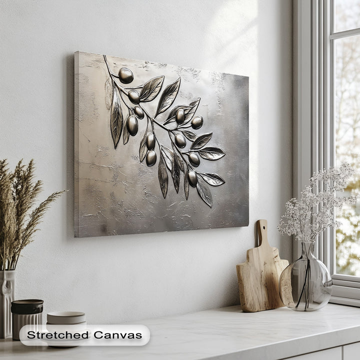 The bright textured wall, sunlit window, and clean marble countertop offer a fresh setting for this unique canvas artwork.