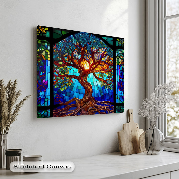 Layers of vibrant colors define the intricate depth of this Stained Glass Tree canvas artwork, revealing glowing branches and deep roots.