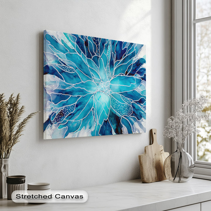 The striking color contrast of vibrant turquoise, deep navy, and crisp white watercolor petals creates an alluring abstract floral premium canvas decor.
