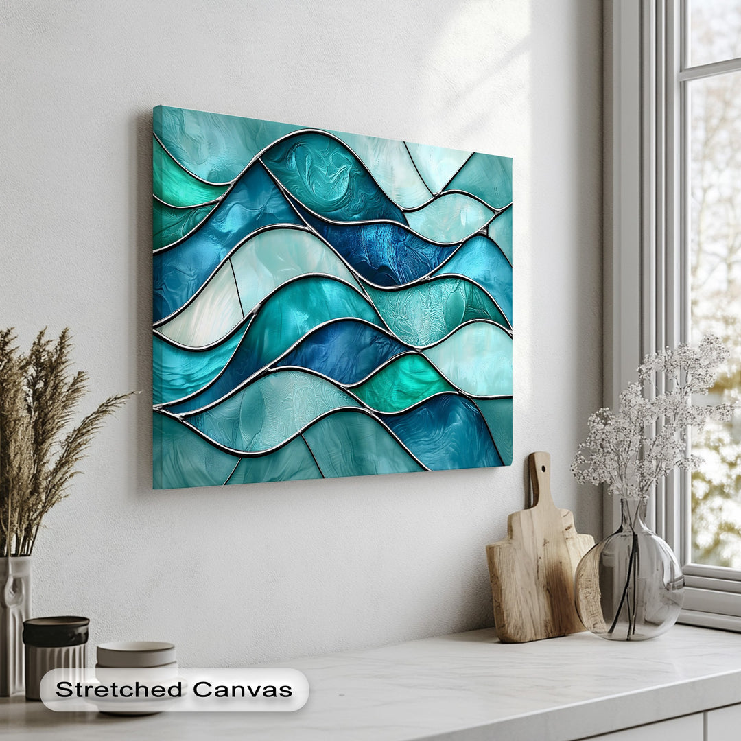 Deep, layered turquoise wave canvas art prints showcase an intricate stained glass ocean design, featuring lustrous blue and teal panels.