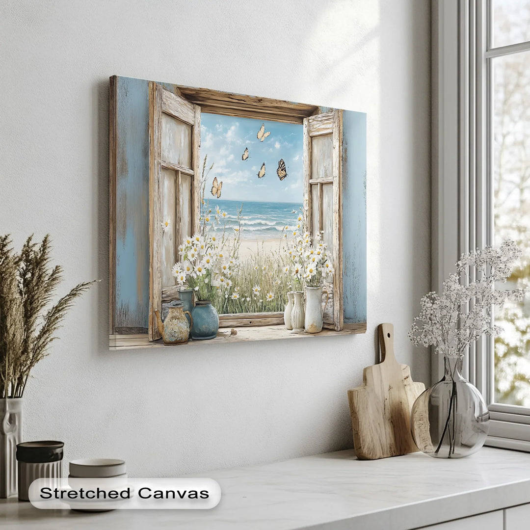 Butterflies by the Shore – Vintage Window View Kitchen Canvas Print - MyPhotoStation