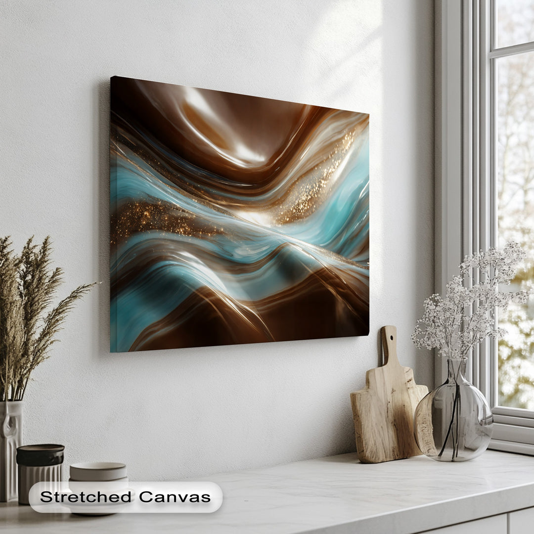 The ample negative space around the luxurious Brown Blue Flow canvas artwork highlights its fluid brown and turquoise abstract marble design with shimmering gold accents.