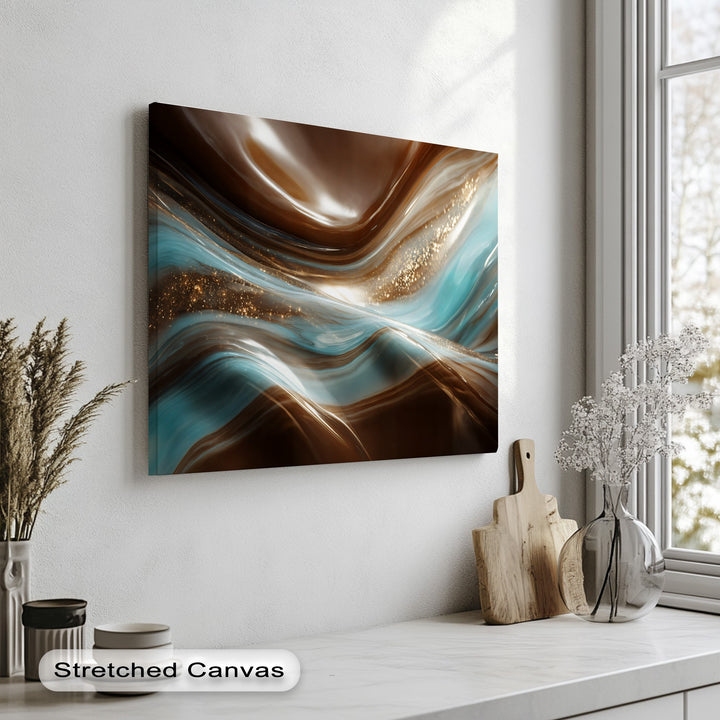 The ample negative space around the luxurious Brown Blue Flow canvas artwork highlights its fluid brown and turquoise abstract marble design with shimmering gold accents.