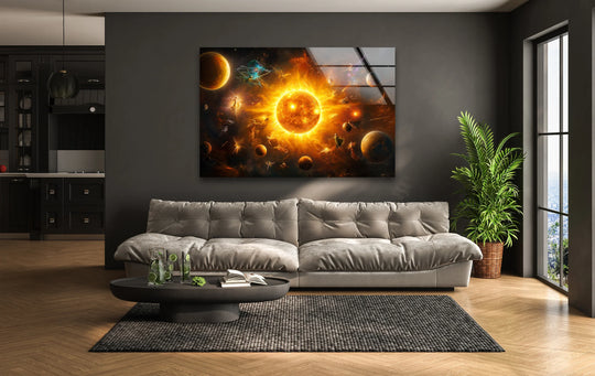 Space wall art sun and galaxy motif and radiant sun energy featuring celestial beauty planets glossy glass finish and sun artwork