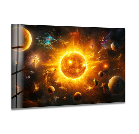 Space wall art sun artwork and radiant sun energy plus planets and galaxy in glass wall art