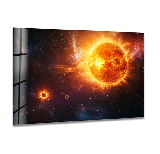 Space Wall Art with sun motif bright colors and glass finish is sun artwork and astronomy glass wall art