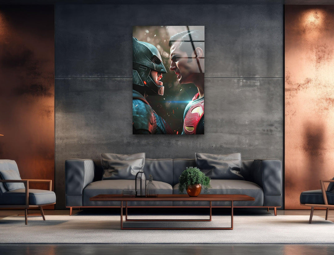 Superman vs Batman Glass Wall Art, large glass photo prints, glass wall photos