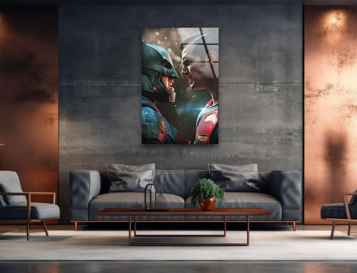 Superman vs Batman Glass Wall Art, large glass photo prints, glass wall photos