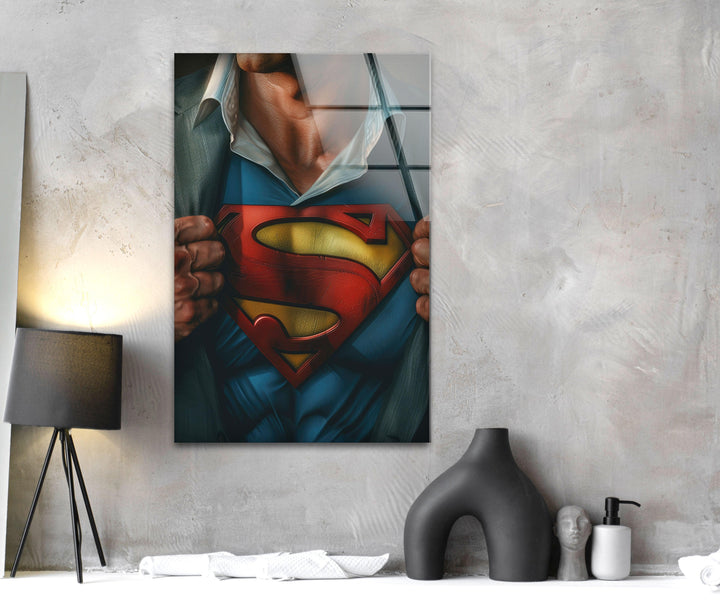 Superman T-shirt Glass Wall Art, custom glass photo prints, large glass prints