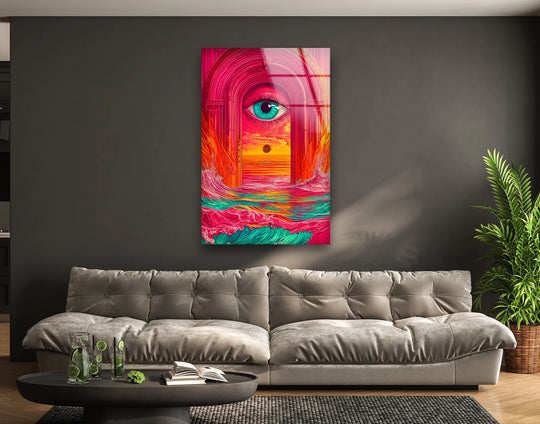 Cool art on glass wall art vertical format showing a dreamlike landscape and escape scene with surreal vision ideal for modern interiors