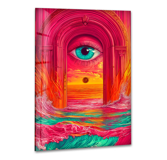 Glass wall art a dreamlike escape showing an eye and orange horizon offers hypnotic decor for bold interiors and surreal vision