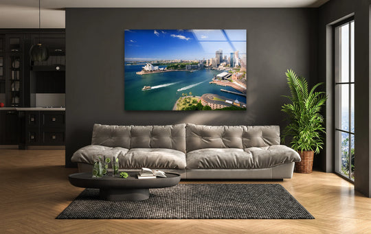 Dominating negative space surrounds the vibrant Sydney harbor scene in this glass printing wall art, highlighting the iconic opera house and Australian cityscape view.