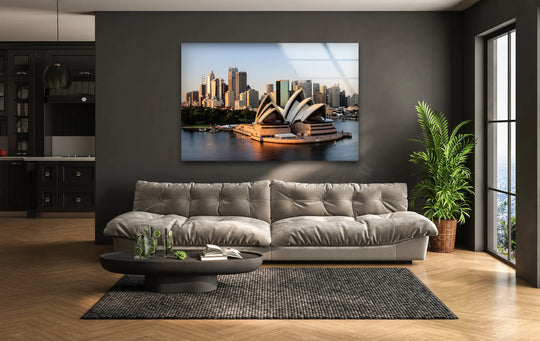 Highlighting the illuminated Sydney Opera House sails, this glass wall art offers stunning home decoration with an iconic landmark view of Australia's famous harbour.