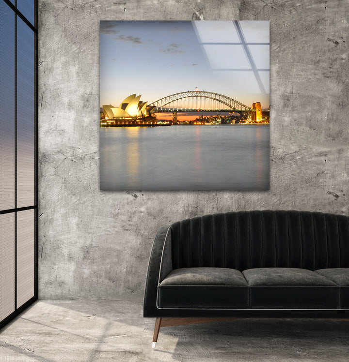 Glaswandkunst am Hafen von Sydney – Berühmtes australisches Wahrzeichen mit Opernhaus und Harbour Bridge