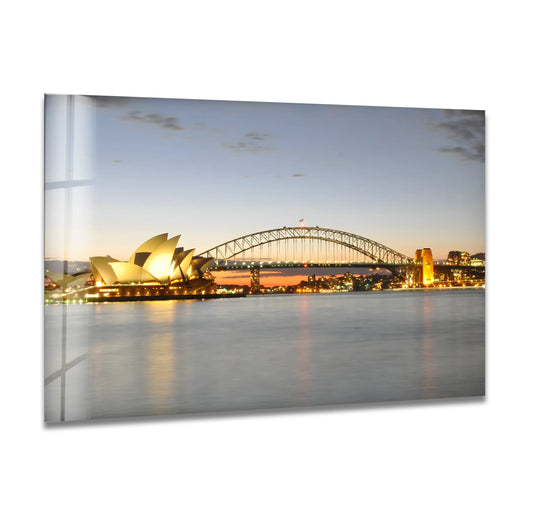 Framed by a polished edge, this Sydney Serenity Harbor Bridge print wall art showcases the vibrant cityscape with sharp borders highlighting its elegant design.