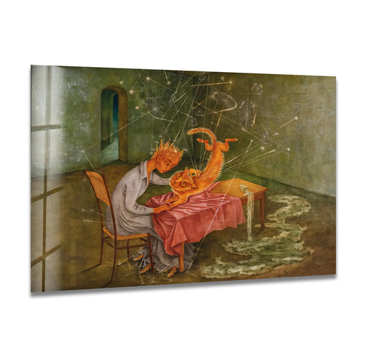 A glass wall art of Remedios Varo's 'Sympathy' features a painterly, textured surface with visible brushstrokes.
