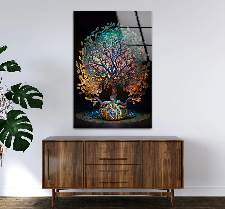Mystical Tree of Life Wall Art – Colorful Spiritual Glass Print for Sacred and Boho Interiors - MyPhotoStation