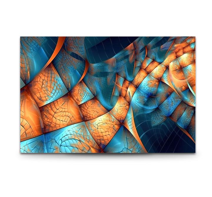 Fraktale Wellen-Glaswandkunst – Blaues und oranges abstraktes Flussdesign für moderne Räume 