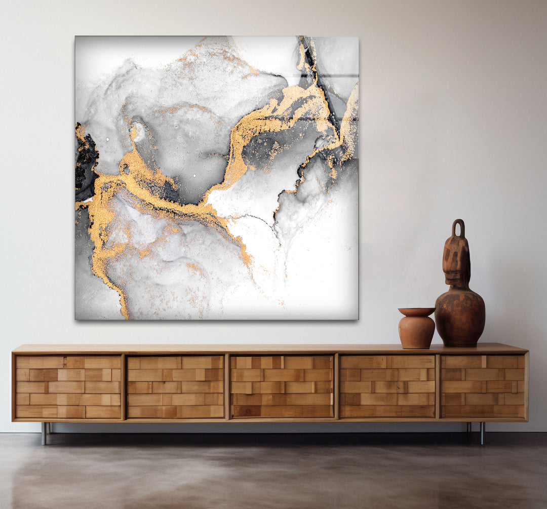 Black White and Gold Abstract Wall Art – Minimalist Glass Print for Modern Decor