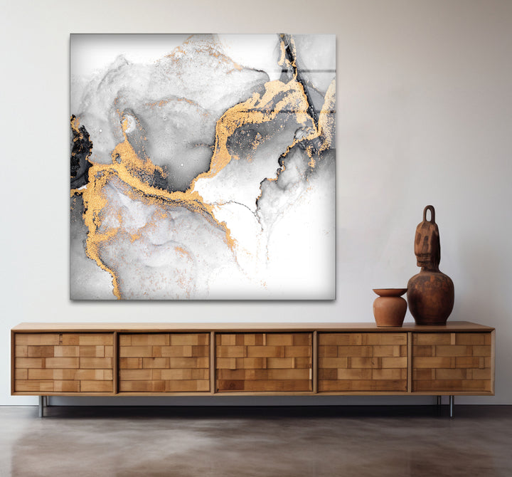 Black White and Gold Abstract Wall Art – Minimalist Glass Print for Modern Decor