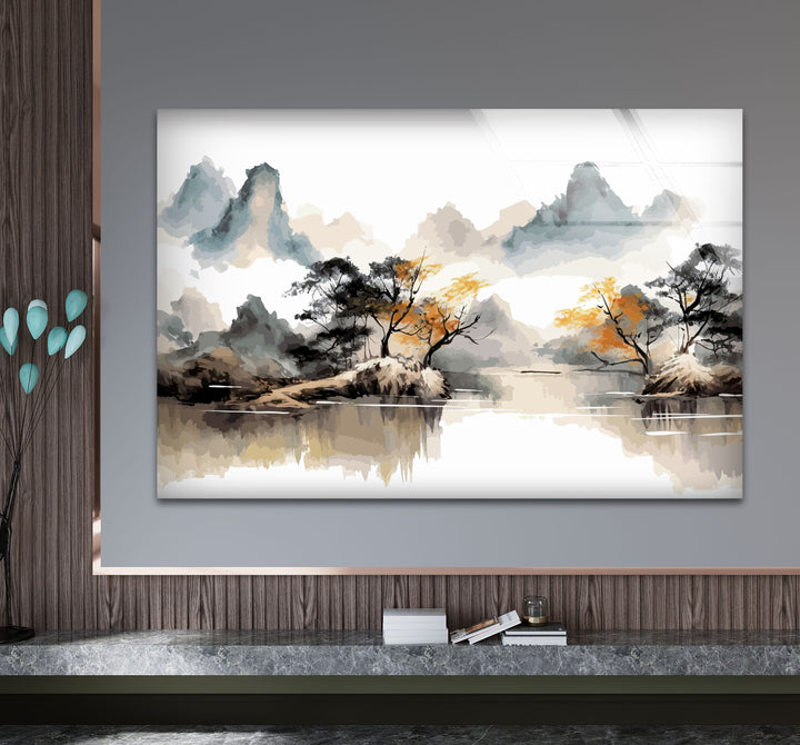 Serene Mountain Lake Wall Art – Asian Landscape Ink Style Glass Print