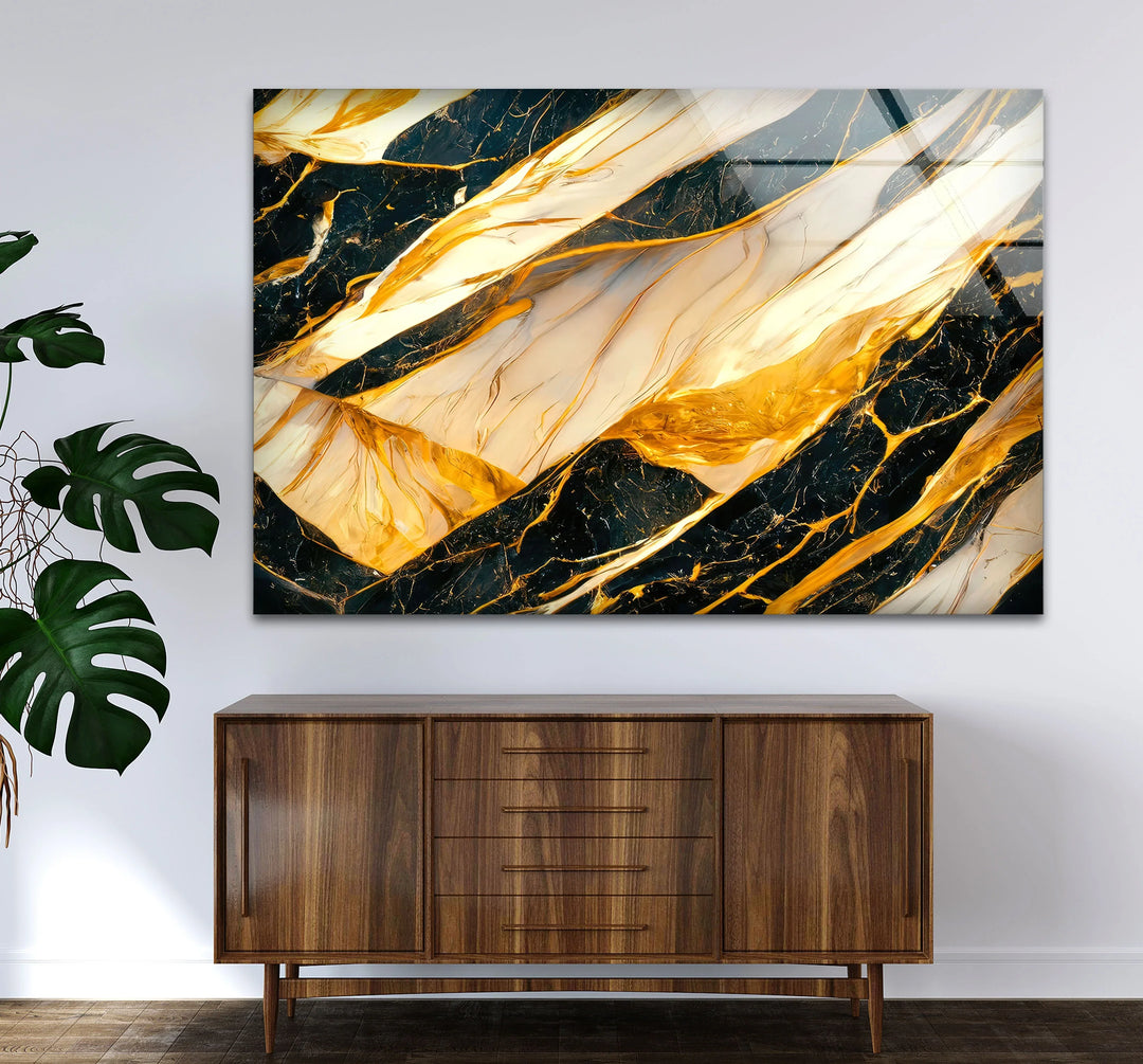 Luxury Black Marble Glass Wall Art with Gold and White Fluid Veins – Modern Abstract Decor - MyPhotoStation