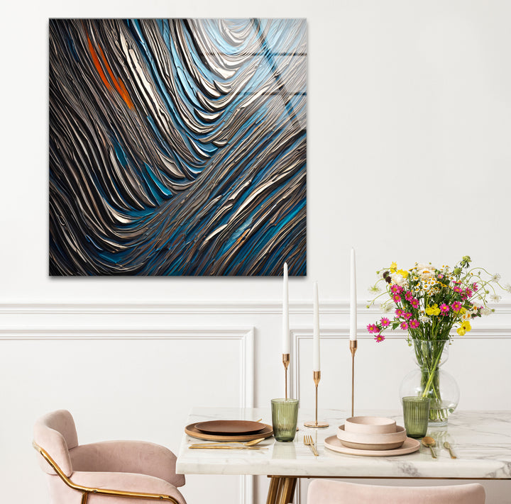 Textured Waves Abstract Glass Wall Art – Blue & Metallic Modern Decor