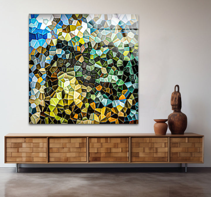 Abstract Mosaic Landscape Glass Wall Art – Colorful Geometric Nature Design
