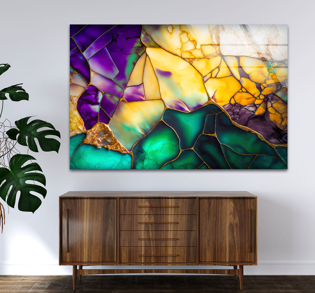 Emerald Amethyst Abstract Glass Wall Art – Geode Mosaic Color Print