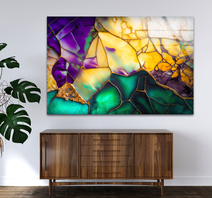 Emerald Amethyst Abstract Glass Wall Art – Geode Mosaic Color Print
