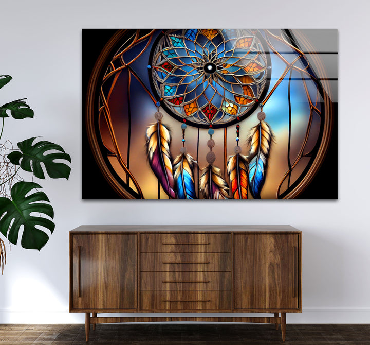Dreamcatcher Stained Glass Wall Art – Boho Spirit Window Design, Tribal Home Decor