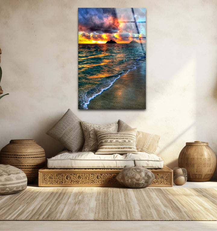 Tropical Sunset Beach Scene – Ocean Wave Glass Wall Art with Island Silhouette - MyPhotoStation