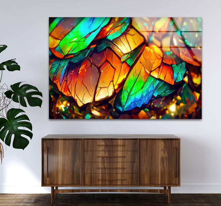 Abstrakte Glaswandkunst mit schillernden Blättern – Lebendiges botanisches Dekor 
