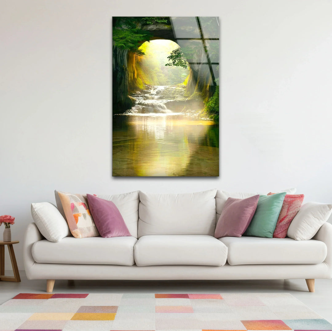 Sunlit Forest Cave Waterfall Glass Wall Art – Serene Nature Landscape Print - MyPhotoStation