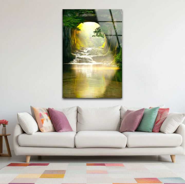 Sunlit Forest Cave Waterfall Glass Wall Art – Serene Nature Landscape Print - MyPhotoStation