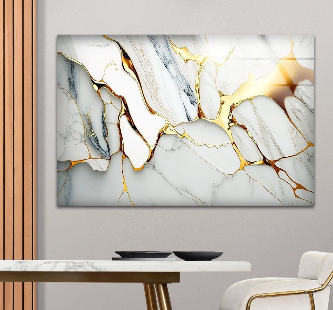 Gold Vein Marble Wall Art – Elegant White Glass Print with Metallic Cracks for Modern Luxe Interior Decor - MyPhotoStation