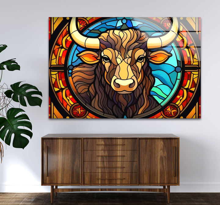 Wanddekoration mit Stier aus Buntglas – Rustikales Dekor, modernes Tierdesign 